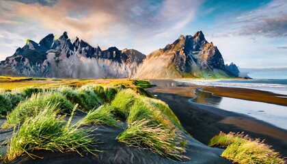 majestic summer scene of stokksnes headland with vestrahorn batman mountain on background unbelievable evening view of iceland europe beauty of nature concept background - obrazy, fototapety, plakaty