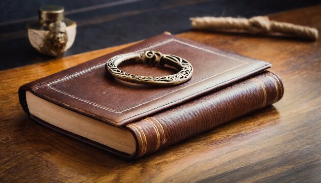 brown leather book with carved ouroboros symbol
