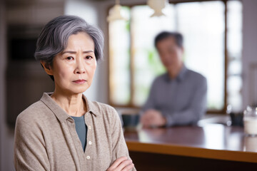 Senior Asian woman feeling sad and disappointed, her husband is behind