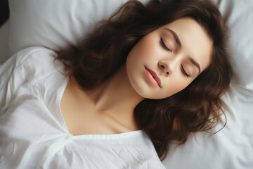 Brunette woman sleeping well on white pillow in bed