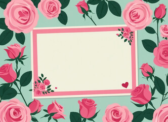 Valentine background card layout with pink roses and a blank sheet in the middle for writing greetings