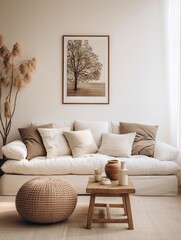 Minimal, modern , elegant, neutral, cozy and white bohemian, boho living room with a sofa and plants. soft earthy colors. Great as interior furniture design inspiration.