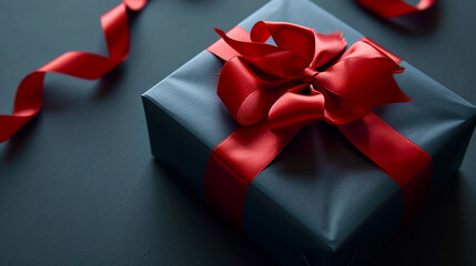 Blue gift box tied red ribbon on dark blue background. Made with generative ai