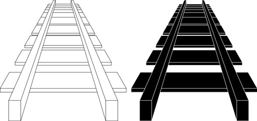 outline silhouette 3d perspective railway icon set
