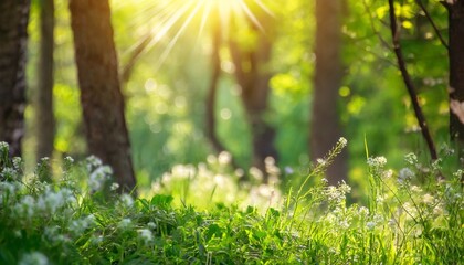 defocused green trees in forest or park with wild grass and sun beams beautiful summer spring natural background - obrazy, fototapety, plakaty