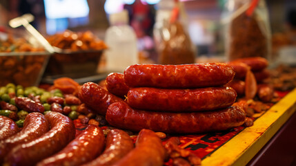 Several kinds of chorizo sausages - obrazy, fototapety, plakaty