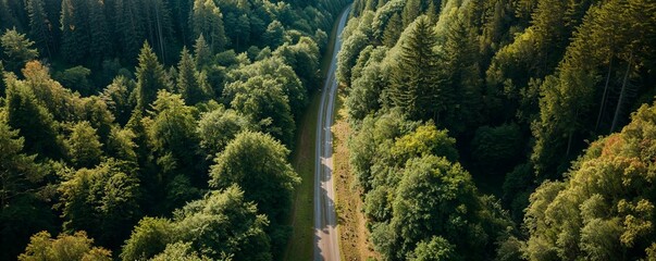 vue aérienne d'une route qui traverse une forêt, format panoramique - obrazy, fototapety, plakaty