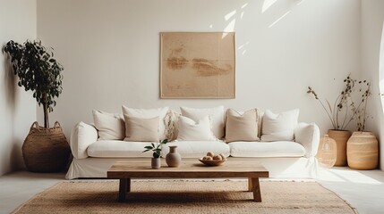 Minimal, modern , elegant, neutral, cozy and white bohemian, boho living room with a sofa and plants. soft earthy colors. Great as interior furniture design inspiration. - obrazy, fototapety, plakaty