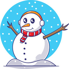 Snowman cartoon template character with snowfall background. flat design vector for celebrate the winter
