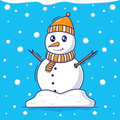 Vector design of snowman cartoon characters with snowfall background. flat design for celebrate the winter