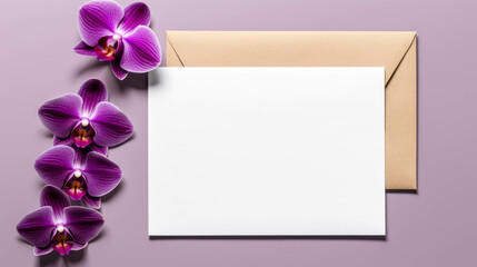 Blank White Greeting Card Mockup with Magenta Orchids. Invitation Card Mockup With Purple Flowers For Special Occasions. Invitation Card in Landscape Format