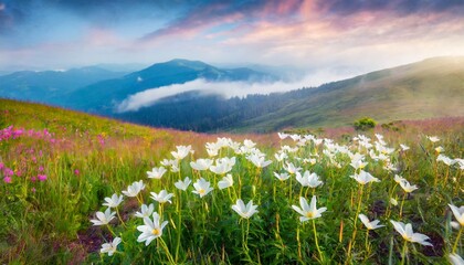 blooming white flowers in carpathians foggy summer scene of mountain valley colorful morning view of borzhava ridge transcarpathians ukraine europe beauty of nature concept background