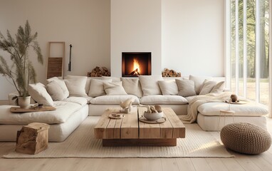Fototapeta premium Minimal, modern , elegant, neutral, cozy and white bohemian, boho living room with a sofa and plants. soft earthy colors. Great as interior furniture design inspiration.