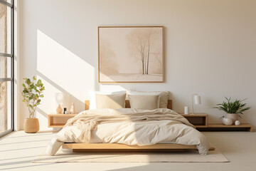 A minimalist bedroom with a low-profile bed, monochromatic color scheme, and simple decor