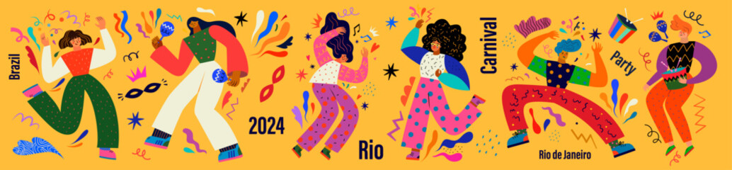 Carnival party. Carnival collection of colorful cards. Design for Brazil Carnival. Decorative abstract illustration with colorful doodles. Music festival illustration