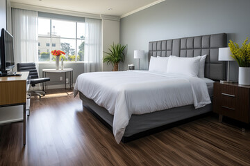 A small hotel guest room with a chic design, a queen bed, and functional space-saving furniture