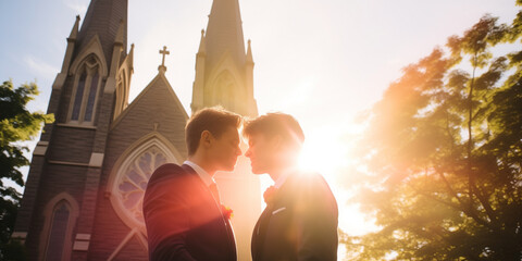 Two newlywed men kissing in front of the church. LGBT wedding. - Powered by Adobe