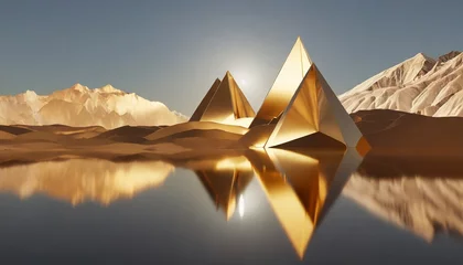 Poster 3d render abstract minimalist background of fantastic sunset landscape golden triangular flat mirrors hills and reflection surreal aesthetic wallpaper © Florence
