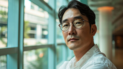 Handsome 45 years old gentle Korean man, wearing glasses, formal slick hairstyle, smooth beardless face in a modern office building, wearing white shirt, beside a huge window
