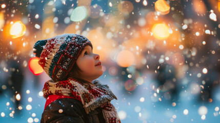 Child wonderment as they watch their first New Year fireworks display, their eyes wide with amazement and delight in a snowy park in front of firework display - obrazy, fototapety, plakaty