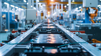 Mass production assembly line of electric vehicle battery cells close-up view - obrazy, fototapety, plakaty