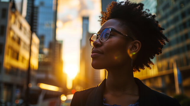 Fototapeta Happy wealthy rich successful black businesswoman standing in big city modern skyscrapers street on sunset thinking of successful vision, dreaming of new investment opportunities