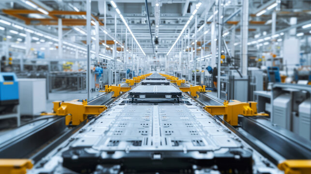 Mass production assembly line of electric vehicle battery cells close-up view