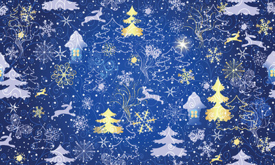 Vector hand drawn seamless pattern with a fairytale Christmas forest with hares, butterflies, huts, snowflakes and a bright Christmas star - obrazy, fototapety, plakaty