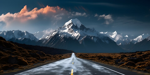 Road leading to a snowcapped mountain - obrazy, fototapety, plakaty