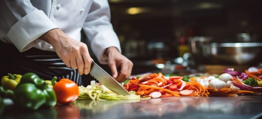 Professional chef preparing vegetables in restaurant kitchen. Culinary arts and fresh ingredients.