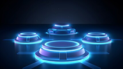 Futuristic podiums, teleport platforms with neon glow and hologram effect. 3d futuristic platforms with blue neon beams isolated on blue background. - obrazy, fototapety, plakaty