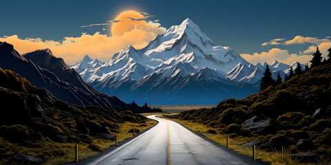 Road leading to a snowcapped mountain - obrazy, fototapety, plakaty