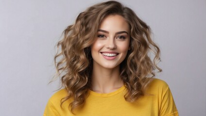 Fototapeta premium Smiling woman wearing yellow color t-shirt on isolated background, can be used for advertising face