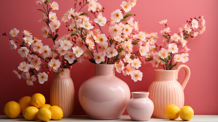 Obraz na płótnie Canvas Cherry Blossoms and Ceramics with Lemons