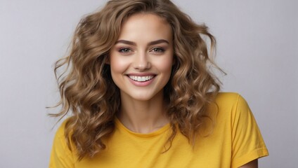 Fototapeta premium Smiling woman wearing yellow color t-shirt on isolated background, can be used for advertising face
