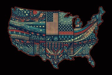 United States map with quit pattern of American colors overlay. Isolated on black.