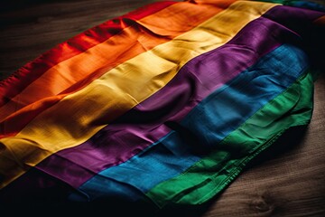 Rainbow flag lying on wooden surface. 3d ultra-realistic illustration.