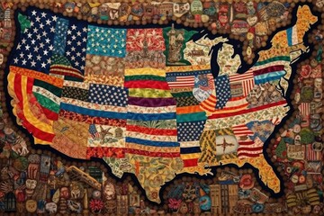 United States map with quilt patch flag pattern
