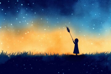 Silhouette of a little girl holding a wheat spike in the night
