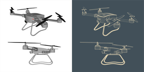 Vector Qadrocopter or drone line blueprint wireframe