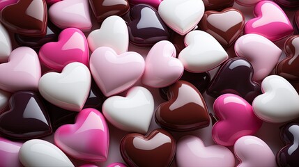 pink and red heart shaped candies in the style of detailed texture background - obrazy, fototapety, plakaty