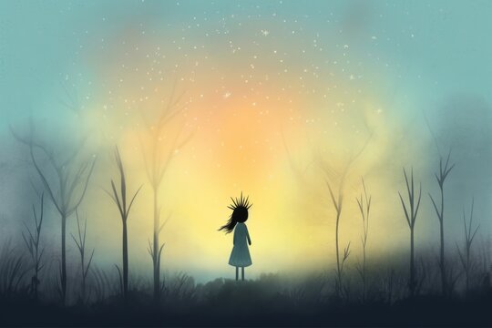 Fantasy illustration of a little girl in the forest at sunset.