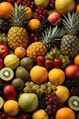 Close-up of a lot of exotic fruits on the table. Beautiful multicolored texture of Pineapples, apples, grapes, oranges, kiwis, lemons, strawberries.