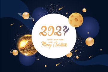 Happy New Year 2024.Planets in space. Solar system. Golden disco ball. Lettering. Vector illustration - 696814036