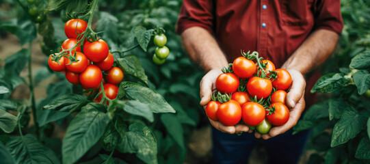 Ripe tomatoes being picked in a closeup shot, symbolizing the farmer's dedication to cultivating nutritious and organic crops during the summer. - obrazy, fototapety, plakaty