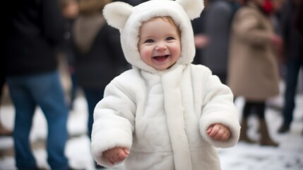 Focus on an adorable baby's laughter, happy to go for a walk in the snow, people in blurred background, the toddler  is wearing a white fur hooded coat with funny bear ears, definitely cute and lovely - obrazy, fototapety, plakaty