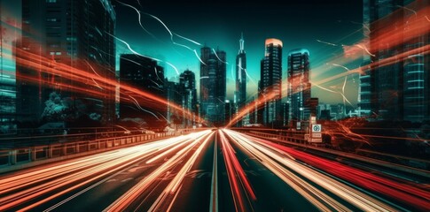 Highway with motion blur and cityscape background, transportation concept.