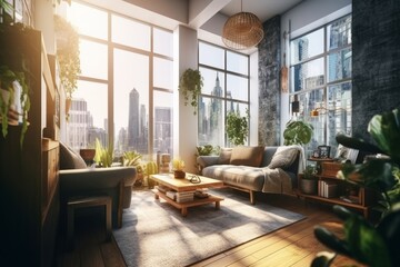 Modern living room interior design with sofa, coffee table and city view. 3D Rendering