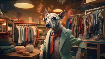 Anthropomorphic dog dressed in a suit and sunglasses