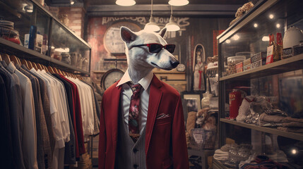 Fototapeta na wymiar Anthropomorphic dog dressed in a suit and tie in an old store